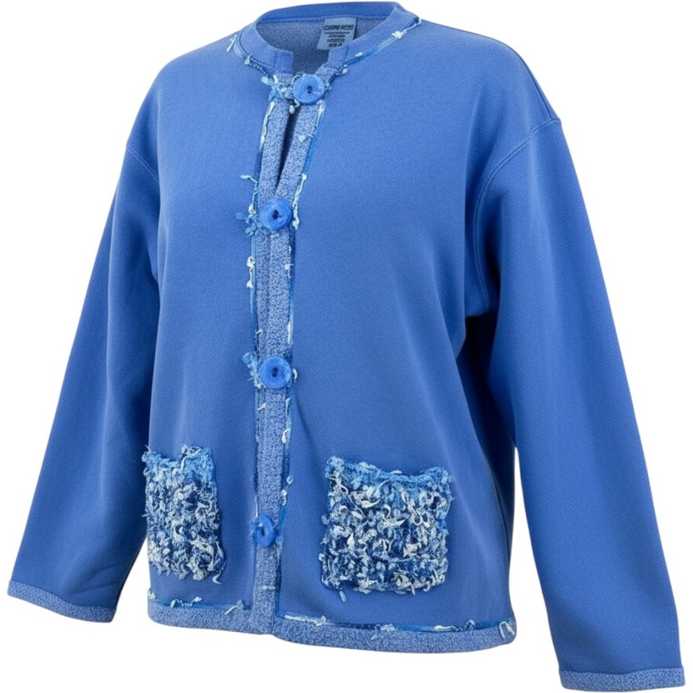 Comfort Colors Fleece Cardigan Women M Blue Fringe Eyelash Pocket Artsy 90s Boho